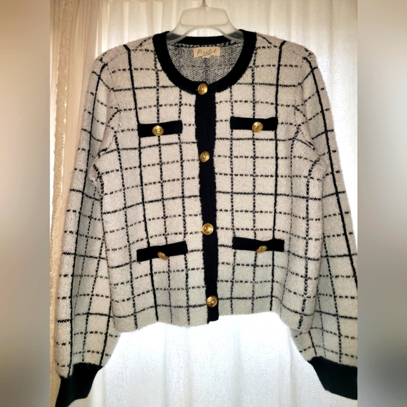 Anthropologie Sweaters - Anthropologie Marled Womens LARGE White Black Windowpane Cardigan Sweater Button